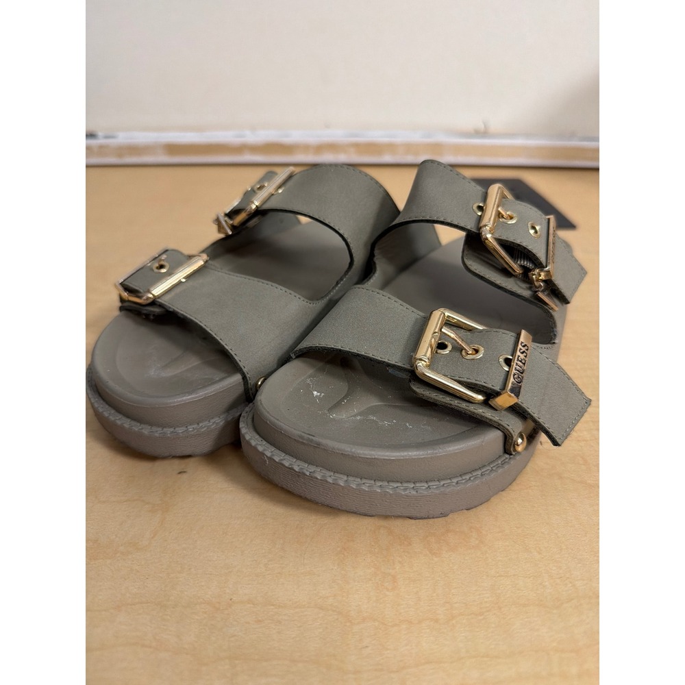 Guess Gamayas Slide Sandals Olive Green Gold Buckle Platform Shoes 5.5